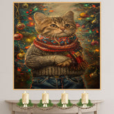 Christmas Kitten in Sweater and Scarf Adorable Holiday Cat Painting Cozy Winter Scene for Home Office Seasonal Christmas Decorations or Cat Lover Gift on Ready to Hang 1.5" Thick Canvas Wrap, Floating Framed Canvas, Flat Rolled Canvas
